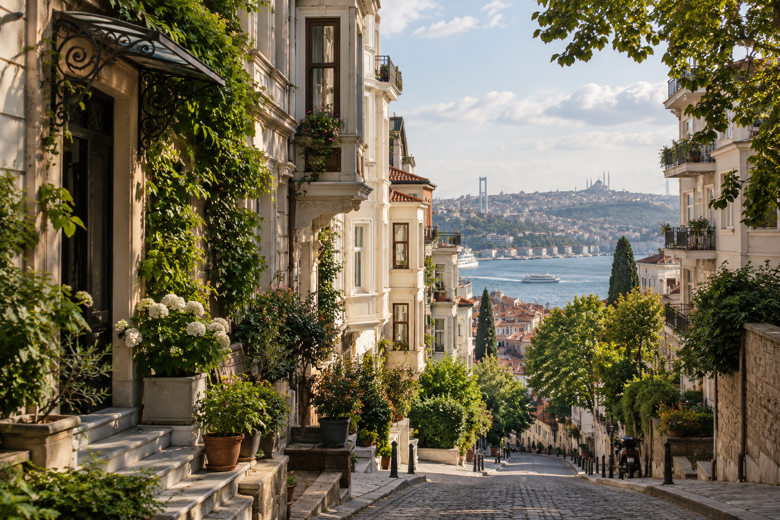 Residential Istanbul neighbourhood with Bosphorus views representing the lived buyer perspective.